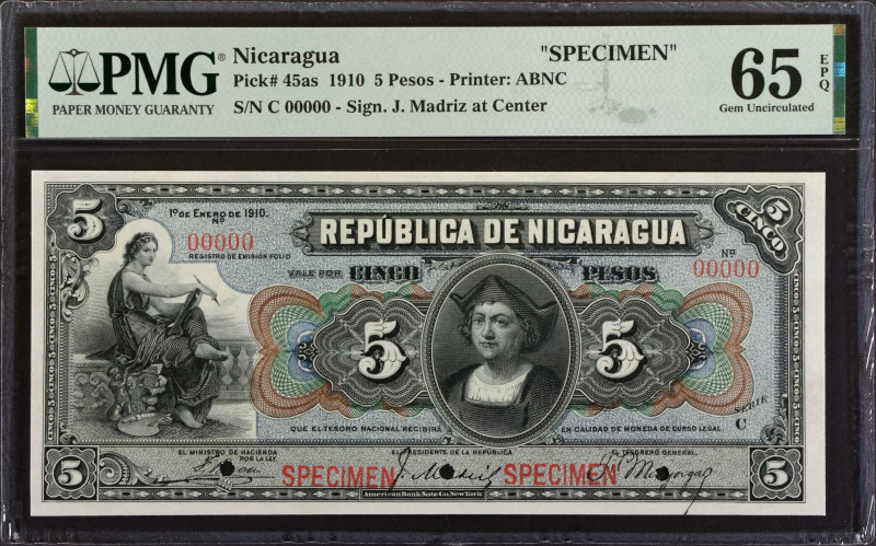 NICARAGUA. Tesoro Nacional. 5 Pesos, 1910. P-45as. Specimen. PMG Gem Uncirculate...