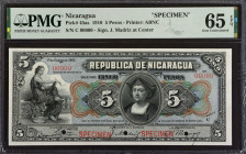 NICARAGUA. Tesoro Nacional. 5 Pesos, 1910. P-45as. Specimen. PMG Gem Uncirculated 65 EPQ.
Estimate: $250.00 - 500.00