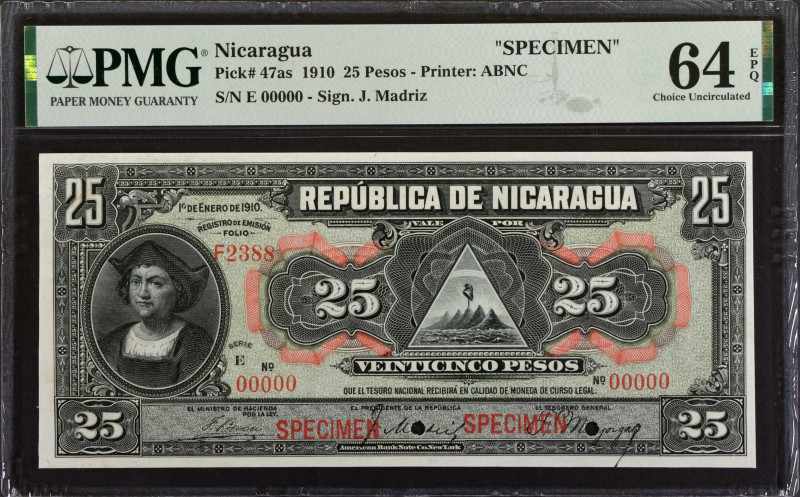 NICARAGUA. Tesoro Nacional. 25 Pesos, 1910. P-47as. Specimen. PMG Choice Uncircu...
