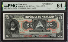 NICARAGUA. Tesoro Nacional. 25 Pesos, 1910. P-47as. Specimen. PMG Choice Uncirculated 64 EPQ.
Estimate: $400.00 - 700.00