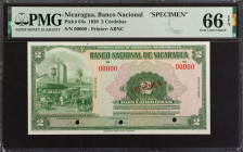 NICARAGUA. Banco Nacional de Nicaragua. 2 Cordobas, 1939. P-64s. Specimen. PMG Gem Uncirculated 66 EPQ.
Estimate: $200.00 - 300.00