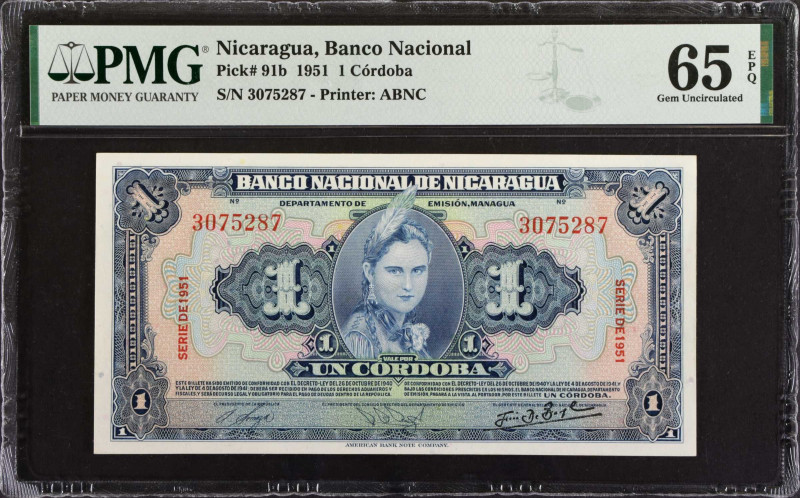 NICARAGUA. Banco Nacional de Nicaragua. 1 Cordoba, 1951. P-91b. PMG Gem Uncircul...