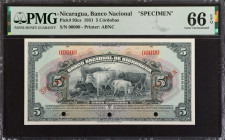 NICARAGUA. Banco Nacional de Nicaragua. 5 Cordobas, 1951. P-93cs. Specimen. PMG Gem Uncirculated 66 EPQ.
Estimate: $150.00 - 250.00