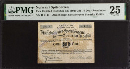 NORWAY. Aktiebolaget Spetsbergens Svenska Kolfalt. 10 Ore, ND (1920-23). P-Unlisted. Remainder. PMG Very Fine 25.
PMG comments "Stains".
Estimate: $...