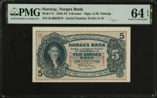 NORWAY. Lot of (3). Norges Bank. 1 & 5 Kroner, 1935-45. P-7c & 15a. PMG Choice Uncirculated 64 EPQ to Gem Uncirculated 65 EPQ.
Estimate: $400.00 - 60...