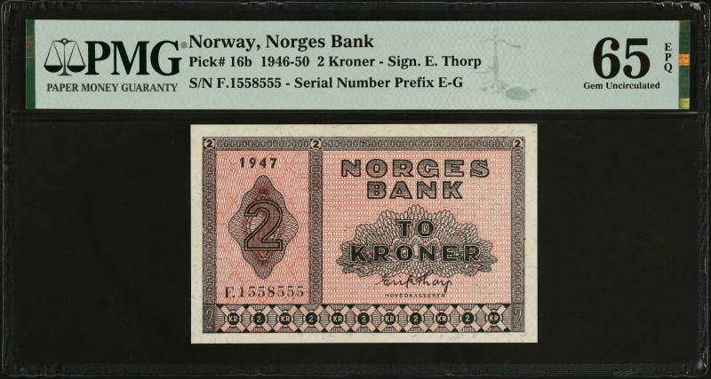 NORWAY. Norges Bank. 2 Kroner, 1946-50. P-16b. PMG Gem Uncirculated 65 EPQ.
Est...