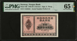 NORWAY. Norges Bank. 2 Kroner, 1946-50. P-16b. PMG Gem Uncirculated 65 EPQ.
Estimate: $100.00 - 200.00