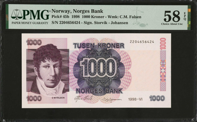 NORWAY. Norges Bank. 1000 Kroner, 1998. P-45b. PMG Choice About Uncirculated 58 ...