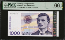 NORWAY. Lot of (2). Norges Bank. 1000 Kroner, 2001. P-52a. Consecutive. PMG Gem Uncirculated 66 EPQ & Superb Gem Uncirculated 67 EPQ.
Estimate: $200....
