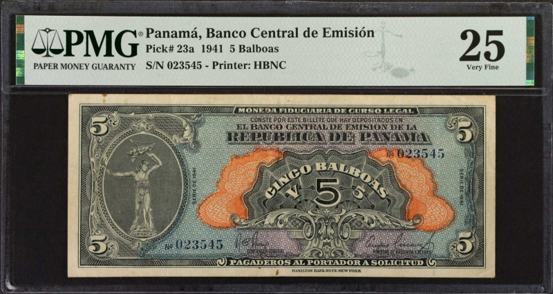 PANAMA. Banco Central de Emision. 5 Balboas, 1941. P-23a. PMG Very Fine 25.
A t...