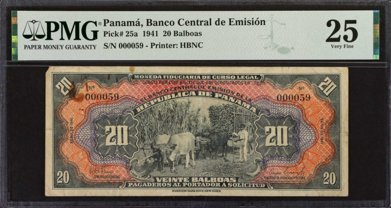 PANAMA. Banco Central de Emision. 20 Balboas, 1941. P-25a. PMG Very Fine 25.
Th...