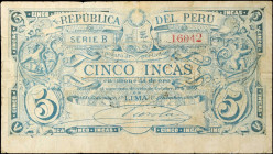 PERU. Republica del Peru. 5 Incas, 1880. P-19. Fine.
Pinholes. Tears. Edge Wear.
Estimate: $100.00 - 175.00