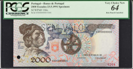 PORTUGAL. Banco de Portugal. 2000 Escudos, 23.5.1991. P-186s. Specimen. PCGS Currency Very Choice New 64.
PCGS Currency comments "Pinholes near Top R...