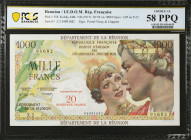 REUNION. Institut d'Emission des Departements d'Outre-Mer. 20 NF on 1000 Francs, ND (1971). P-55b. PCGS Banknote Choice About Uncirculated 58 PPQ.
Es...