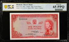 RHODESIA. Reserve Bank of Rhodesia. 1 Pound, 1964. P-25a. PCGS Banknote Gem Uncirculated 65 PPQ.
Estimate: $400.00 - 700.00