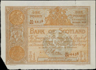 SCOTLAND. Bank of Scotland. 1 Pound, 1922. P-81d. Very Fine.
Corner missing. Annotation. Edge wear.
Estimate: $200.00 - 400.00
