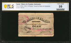 SPAIN. Banco de Espana, Santander. 10 Pesetas, 1936. P-S582e. PCGS Banknote Very Good 10 Details. Splits.
An incredibly scarce variety of this 10 Pes...