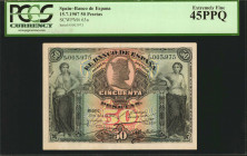SPAIN. Banco de Espana. 50 Pesetas, 15.7.1907. P-63a. PCGS Currency Extremely Fine 45 PPQ.
Burgos is depicted on the back side. Allegorical women on ...