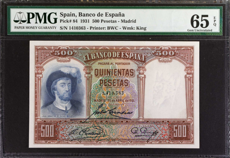 SPAIN. Banco de Espana. 500 Pesetas, 1931. P-84. PMG Gem Uncirculated 65 EPQ.
E...