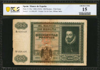SPAIN. Banco de Espana. 500 Pesetas, 1940 (1945). P-119a. PCGS Banknote Choice Fine 15.
Printed by Cal. & Cart., Milano Italia. First issue. D. Juan ...