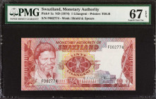 SWAZILAND. Monetary Authority of Swaziland. 1 Lilangeni, ND (1974). P-1a. PMG Superb Gem Uncirculated 67 EPQ.
Estimate: $50.00 - 100.00