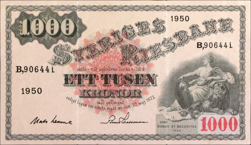 SWEDEN. Sveriges Riksbank. 1000 Kronor, 1950. P-38e. Very Fine.
Fold wear/minor...