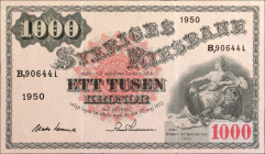 SWEDEN. Sveriges Riksbank. 1000 Kronor, 1950. P-38e. Very Fine.
Fold wear/minor tears.
Estimate: $200.00 - 400.00
