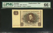 SWEDEN. Sveriges Riksbank. 5 Kronor, 1963. P-50b*. Replacement. PMG Gem Uncirculated 66 EPQ.
Estimate: $50.00 - 100.00