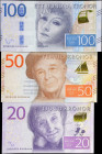 SWEDEN. Lot of (3). Sveriges Riksbank. 20, 50 & 100 Kronor, ND (2015-16). P-69, 70 & 71. About Uncirculated.
Estimate: $50.00 - 100.00