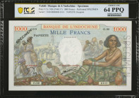 TAHITI. Banque de L'Indochine. 1000 Francs, ND (1940-57). P-15s. Specimen. PCGS Banknote Choice Uncirculated 64 PPQ.
Estimate: $300.00 - 500.00