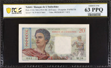 TAHITI. Banque de L'Indochine. 20 Francs, ND (1954-58). P-21b. PCGS Banknote Choice Uncirculated 63 PPQ.
Estimate: $100.00 - 150.00