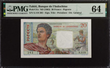 TAHITI. Banque de L'Indochine. 20 Francs, ND (1963). P-21c. PMG Choice Uncirculated 64.
Estimate: $100.00 - 200.00