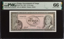 TONGA. Government of Tonga. 1/2 Pa'anga, 1967. P-13a. PMG Gem Uncirculated 66 EPQ.
Estimate: $150.00 - 200.00