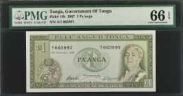 TONGA. Government of Tonga. 1 Pa'anga, 1967. P-14b. PMG Gem Uncirculated 66 EPQ.
Estimate: $100.00 - 200.00
