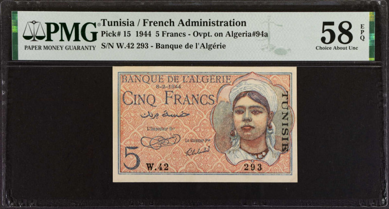 TUNISIA. Banque de l'Algerie. 5 Francs, 1944. P-15. PMG Choice About Uncirculate...