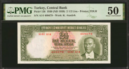 TURKEY. Turkiye Cumhuriyet Merkez Bankasi. 2 1/2 Lira, ND (1939). P-126. PMG About Uncirculated 50.
Printed by TDLR. Watermark at left with portrait ...
