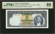 TURKEY. Turkiye Cumhuriyet Merkez Bankasi. 5 Turk Lirasi, 1930 (ND 1937). P-127. PMG Extremely Fine 40.
Printed by TDLR. A bright example of this 5 T...