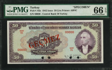 TURKEY. Turkiye Cumhuriyet Merkez Bankasi. 50 Lira, 1942. P-142s. Specimen. PMG Gem Uncirculated 66 EPQ.
Estimate: $400.00 - 500.00