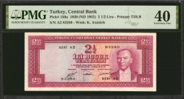 TURKEY. Turkiye Cumhuriyet Merkez Bankasi. 2 1/2 Turk Lirasu, 1930 (ND 1952). P-150a. PMG Extremely Fine 40.
Printed by TDLR. A mid-grade example of ...