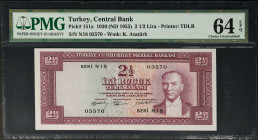 TURKEY. Turkiye Cumhuriyet Merkez Bankasi. 2 1/2 Lira, 1930 (ND 1955). P-151a. PMG Choice Uncirculated 64 EPQ.
Estimate: $150.00 - 200.00