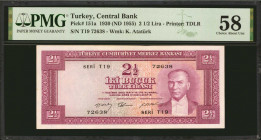 TURKEY. Turkiye Cumhuriyet Merkez Bankasi. 2 1/2 Turk Lirasi, 1930 (ND 1955). P-151a. PMG Choice About Uncirculated 58.
Printed by TDLR. Attractive m...