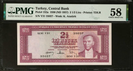 TURKEY. Turkiye Cumhuriyet Merkez Bankasi. 2 1/2 Lira, 1930 (ND 1957). P-152a. PMG Choice About Uncirculated 58.
Estimate: $150.00 - 200.00