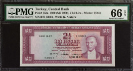 TURKEY. Turkiye Cumhuriyet Merkez Bankasi. 2 1/2 Lira, 1930 (ND 1960). P-153a. PMG Gem Uncirculated 66 EPQ.
Estimate: $200.00 - 300.00