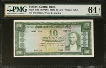 TURKEY. Turkiye Cumhuriyet Merkez Bankasi. 10 Lira, 1930 (ND 1958). P-158a. PMG Choice Uncirculated 64 EPQ.
Estimate: $300.00 - 400.00