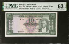 TURKEY. Turkiye Cumhuriyet Merkez Bankasi. 10 Lira, 1930 (ND 1960-63). P-161. PMG Choice Uncirculated 63 EPQ.
Estimate: $150.00 - 200.00