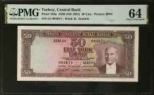 TURKEY. Turkiye Cumhuriyet Merkez Bankasi. 50 Lira, 1930 (ND 1953). P-163a. PMG Choice Uncirculated 64.
PMG Pop 3/None Finer.
Estimate: $500.00 - 80...