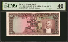 TURKEY. Turkiye Cumhuriyet Merkez Bankasi. 50 Turk Lirasi, 1930 (ND 1957). P-165a. PMG Extremely Fine 40.
Printed by BWC. Series Z6. An elusive varie...