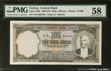 TURKEY. Turkiye Cumhuriyet Merkez Bankasi. 100 Lira, 1930 (ND 1958). P-169a. PMG Choice About Uncirculated 58.
Estimate: $200.00 - 400.00