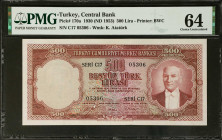 TURKEY. Turkiye Cumhuriyet Merkez Bankasi. 500 Lira, 1930 (ND 1953). P-170a. PMG Choice Uncirculated 64.
Estimate: $700.00 - 1000.00