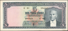 TURKEY. Turkiye Cumhuriyet Merkez Bankasi. 5 Turk Lirasi, 1961. P-173a. Extremely Fine.
Good color stands out on this 5 Turk Lirasi note. The margins...